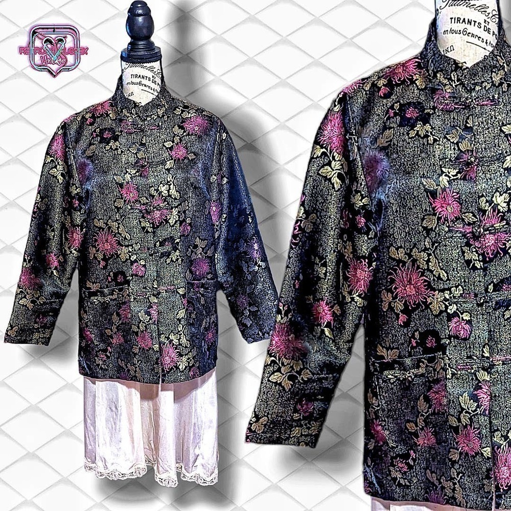VINTAGE Robert Louis Silk Asian Kimono Embroidered Mandarin Jacket, Medium